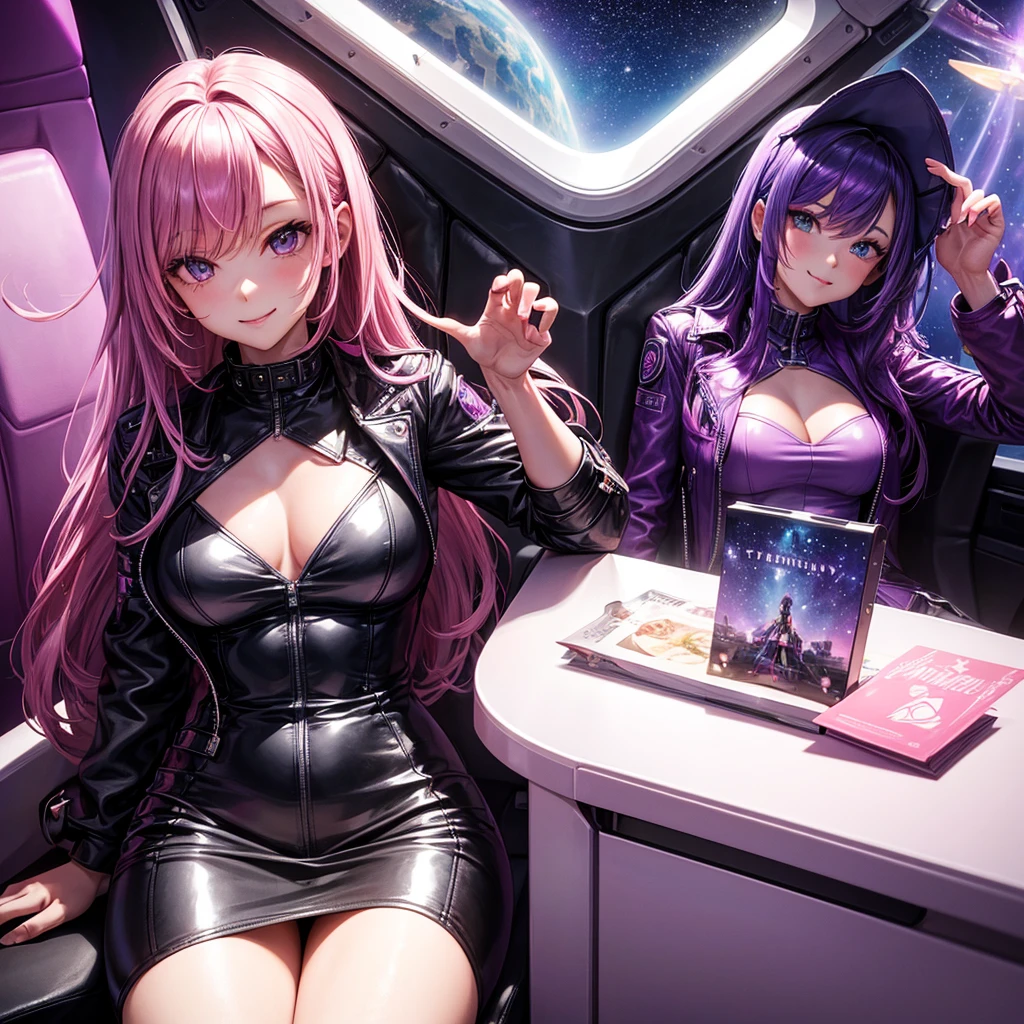 A young sexy woman with long purple,Absurd,mysterious, hair and sexy clothes sits in a spaceship seat、A beautiful starry sky can be seen from the window.。smile，leather jacket，Future Fashion，Angel Girl，Pink Hair，Horny girl，High-dimensional beautiful girl，Multidimensional beautiful girl，colorful hair colors