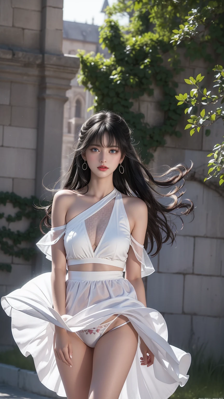 ((Girl standing in front of the wall of an old castle))、Fluorescent color、1 Girl、Look to the side、Beautiful Face、Beautiful Eyes、(Off the shoulder:1.2)、Upper Body、Shiny Hair、Glowing Skin、 Reduce glare、Adjusted finger proportions、escrow、ass pov、Dynamic Angle、(((Master Parts)))、(((Highest quality)))、(((Super-detailed))) detailed)、(An illustration)、(detailedな光)、(Very delicate and beautiful)、dramatic_Shadow、Ray_Tracking、reflection、 Ultra-high resolution、((Colorful and black hair mesh girls))、 Her hair flutters in the wind、(big deep blue eyes)、Black-haired woman、 Sparkling butterfly、Black-haired woman、Points of light around the woman、Magical Aura、Green dot、About Auras Nature、超Magical AuraBlack-haired woman,((Off the shoulderの半透明の白いドレス:1.3))、(Sleeveless)、((My skirt is flying up in the wind)),((An old European castle looms in the distance)),((White panties are visible)),