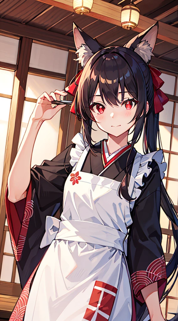 Bangs, (Red Eyes:1.5), Hair Ribbon, One side upPerfect body, japanese clothes, kimono, apron, waitress, fox