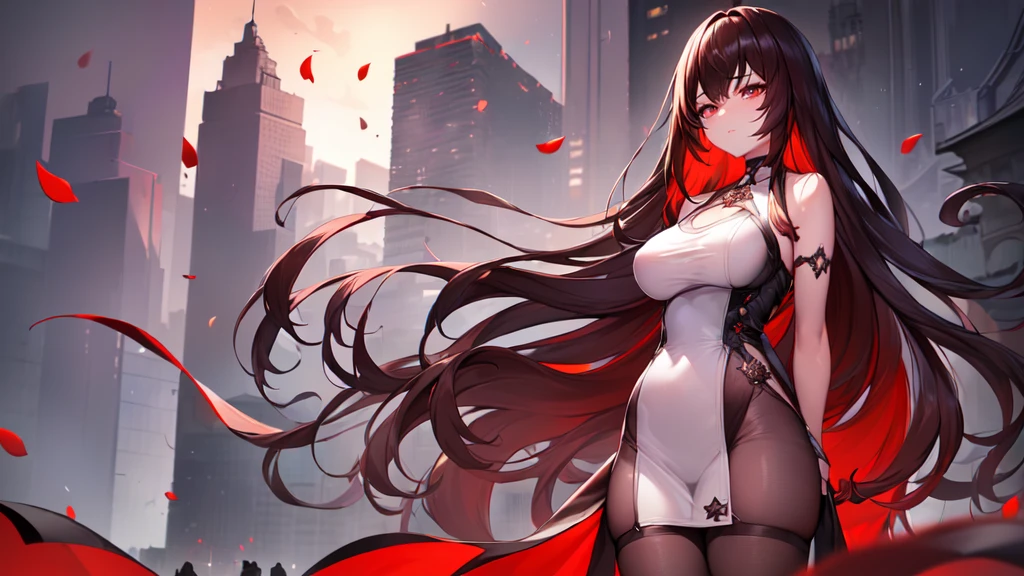 ((((Obra maestra, La mejor calidad, ultrahigh resolution)))), 1girl, standing,), ((long pure brown hair, hair over eye)), long hair cut, shiny skin, ((red eyes)), glowing_eyes, neon eyes, (ultra detailed eyes:0.7, beautiful and detailed face, detailed eyes:0.9), ((centered)), smirk, facing viewer, ((vibrant background, dark lighting, summer, sunlight)), large chested, looking at viewer, ((half closed eyes)), ((perfect hands)), (((head:1, arms, hips in view, elbows, in view))), ((hands behind back)), empty eyes, beautiful lighting, ((outside, outdoors)), defined subject, head tilt, (((gritty)), ((creepy)), ((cool)), ((beautiful)), (((SFW))), hair ornament, petals in the air, moon in the sky, city, mature woman, adult woman, sfw, pink and white dress, night dress, she is a princess