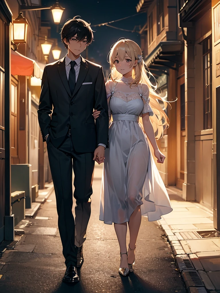 (masterpiece、top-quality、hight resolution), A nighttime scene on a quiet street where the protagonist is saying goodbye to a gentle and elegant married woman they met through a dating site. The woman, with a soft and slightly melancholic smile, waves and says, "Let's meet again, okay?" The streetlights cast a warm glow, highlighting the intimacy of the moment as they part ways.