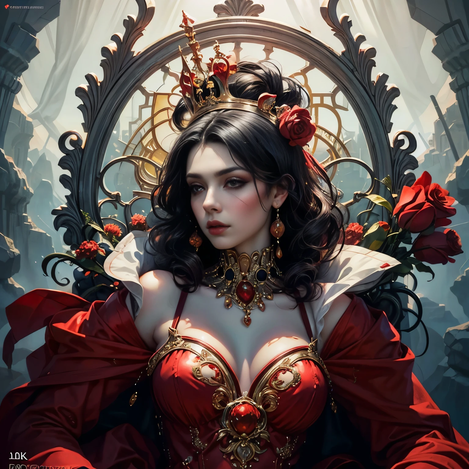 (full body portrait:1.1), a beautiful queen of hearts, elegant long red dress, flowing red cape, golden crown, striking red makeup, piercing gaze, regal posture, ornate throne, a background filled with pink and red roses:1.1, dramatic lighting, (best quality,4k,8k,highres,masterpiece:1.2),ultra-detailed,(realistic,photorealistic,photo-realistic:1.37),intricate details,cinematic composition,vibrant colors,chiaroscuro lighting,dramatic shadows,fantasy,digital art