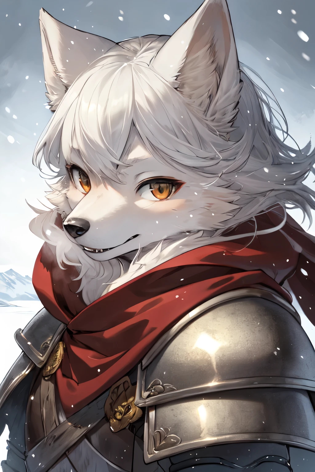 1 person, 8k Werewolf Portrait, Arctic fox, Arctic fur is as white as snow,Medieval knight,armor,Red Cape, complex, Very detailed, number, Smooth, Clear focus, illustration, ((masterpiece)),Yoshitaka Amano