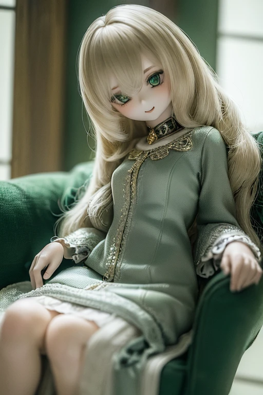 ((highest quality)), ((masterpiece)), (extremely detailed), kukolnydom, doll, (mature woman:1.5), solo, ((eye level shot)), sitting on sofa, green eyes, (looking down, blank eyes:1.3), light smile, dress, castle, 8k