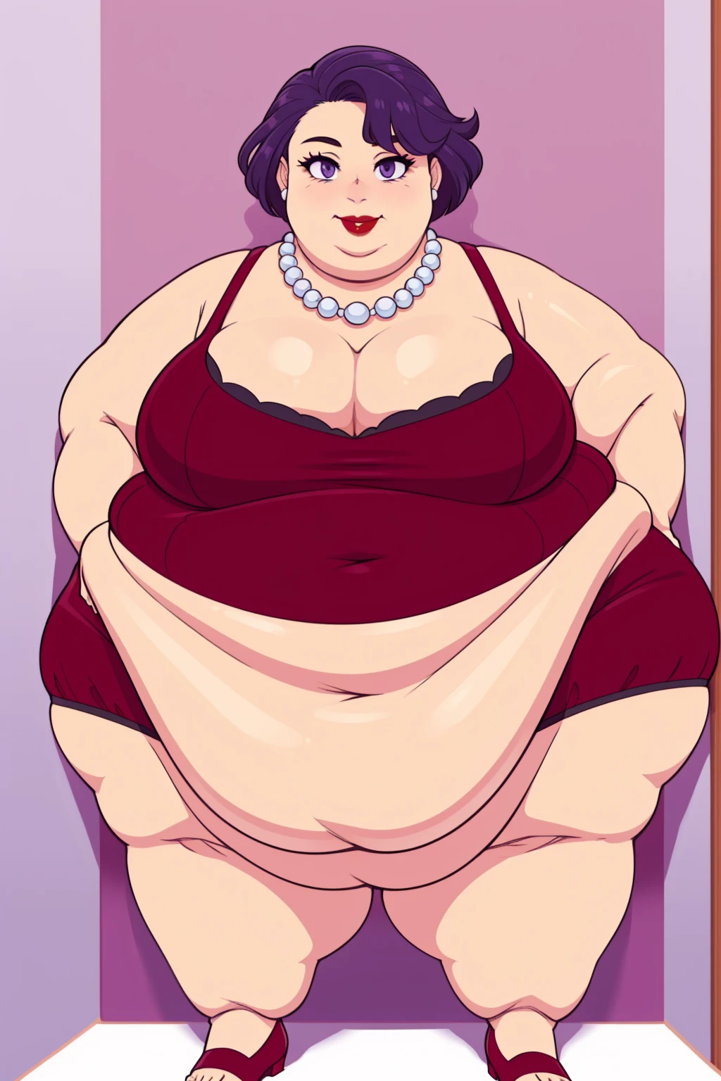(Obese:1.3)Middle aged, mommy, hands on hips, casual pose, smiling, Full body, bedroom, looking at viewer, Short bob haircut, Windswept Messy Bob purple Hair, eyeliner, (red dress), (red lipstick), (light blue pearl necklace), cleavage, milf, mature, (purple eyes) Round face, double chin, fat chin, fat cheeks, fat neck, round face, SSBBW, flabby arms, round face, double chin, fat double chin, big double chin, fat neck, chubby cheeks, fat thighs, fat calves, morbidly obese, flabby boobs, giant , large belly, obese, fat face, belly, double chin, obesity, flabby breasts, fat arms and legs, fat everything,