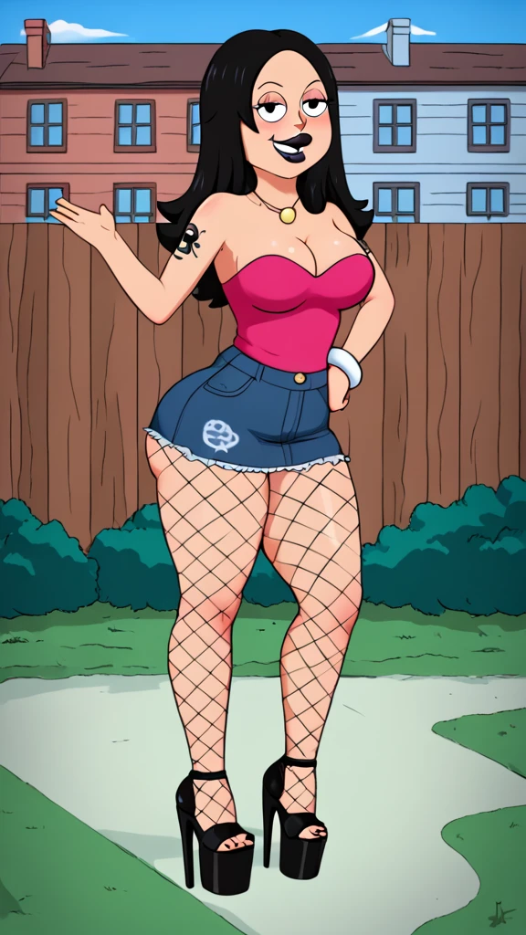 francine, flat color, black hair, 1girl, long hair, white braclet, medium breasts, dark skinned, solo, necklace, cleavage, strapless black one piece, black lips, nsfw, standing, looking at viewer, outdoors, full-body, smile, blushing, open-toe platform high heels, black eyeliner, multiple tattoos, plump mouth, fishnet leggings, thick thighs, bimbo