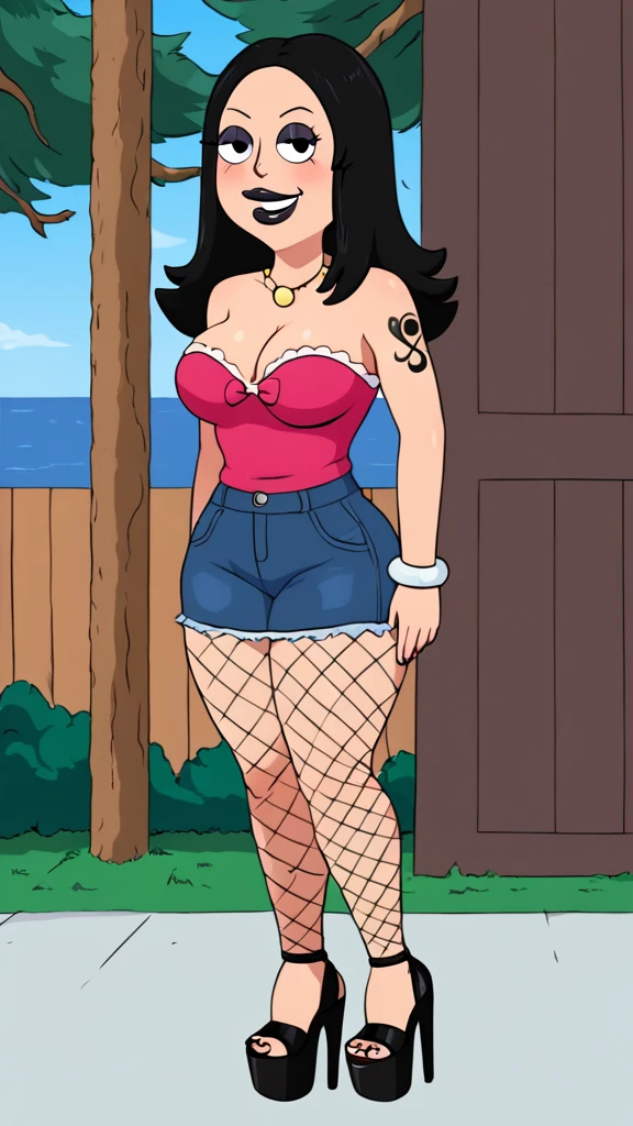francine, flat color, black hair, 1girl, long hair, white braclet, medium breasts, dark skinned, solo, necklace, cleavage, strapless black one piece, black lips, nsfw, standing, looking at viewer, outdoors, full-body, smile, blushing, open-toe platform high heels, black eyeliner, multiple tattoos, plump mouth, fishnet leggings, thick thighs, bimbo