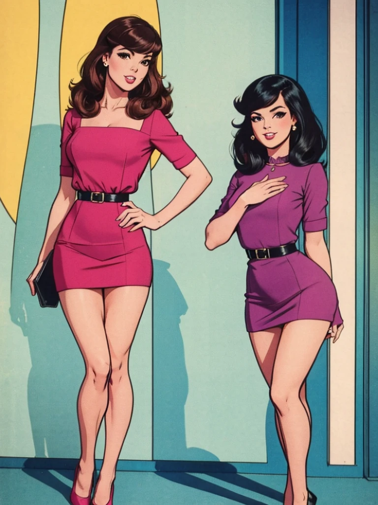 two fashionable young women posing for a picture, retro 60s girls fashion