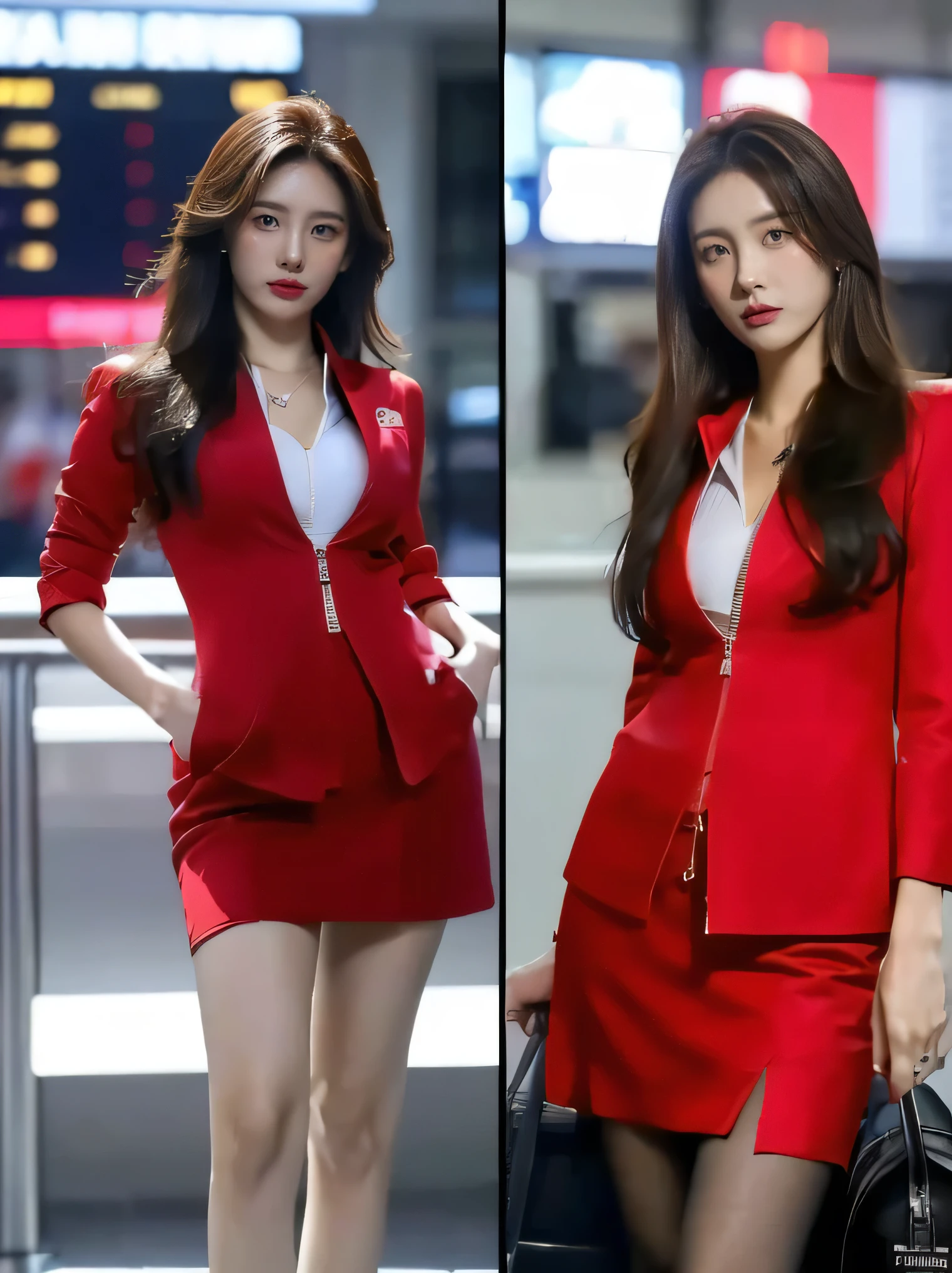 (masterpiece:1.2, highest quality:1.2), 32k HDR, High resolution, (alone, 1 girl), （Realistic style of AirAsia stewardess uniform）, neat woman, beautiful face, brown hair, (long hair down to waist), (red jacket:1.1, Unzipped jacket, unbuttoned white shirt:1.05, red mini skirt:1.1, pantyhose), perfect slim body:1.1, huge breasts, Huge breasts cleavage, detailed skin texture, fine eyes, (fascinating look:1.2), necklace、earrings、(forward leaning posture:1.5, in an airport, tokyo , Narita airport,blue eyes