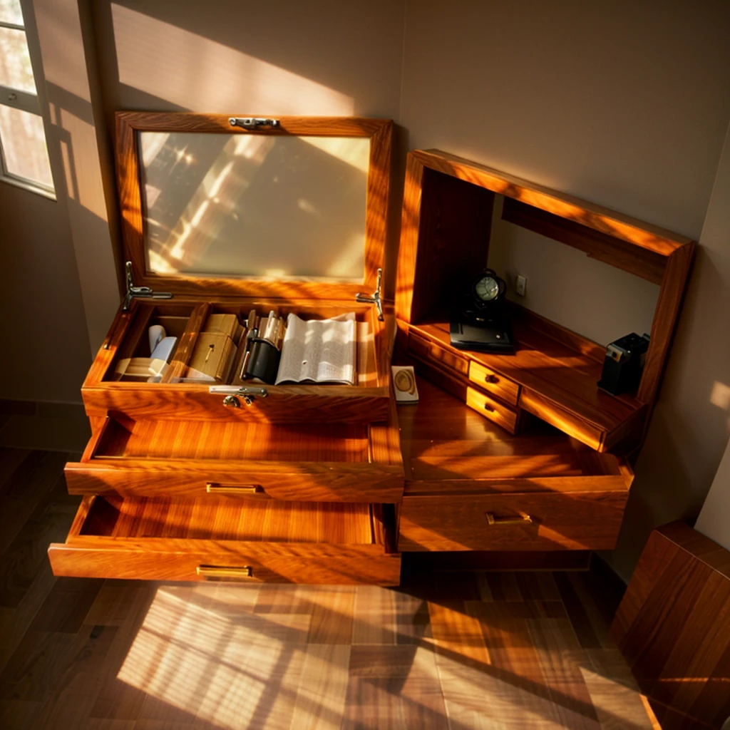 In this cozy room,A ray of sunlight shone through the half-drawn curtains on the table,Let the wood grain on the watch storage box shine with a faint luster。There was a calm and peaceful atmosphere in the air around them。There are several still lifes hanging on the walls of the room,It adds a touch of elegance to the space。And on the other side of the room,The half-open window lets in the breeze,The pages on the small desk by the window turned in the wind,This quiet scene gives a sense of tranquility and comfort。
