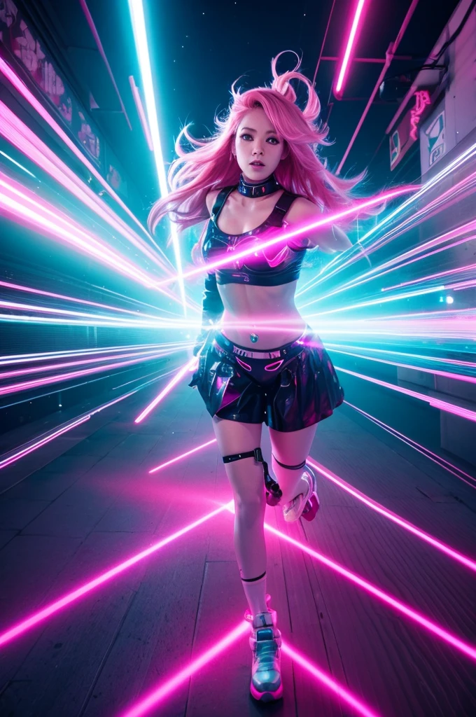 cyber punk, Pink Hair, Futuristic, Surreal, Ultra Wide, Wide-angle lens, look up, Dynamic Movement, Expressive, Vibrant, The sacred boundaries of cinema, Laser Hologram