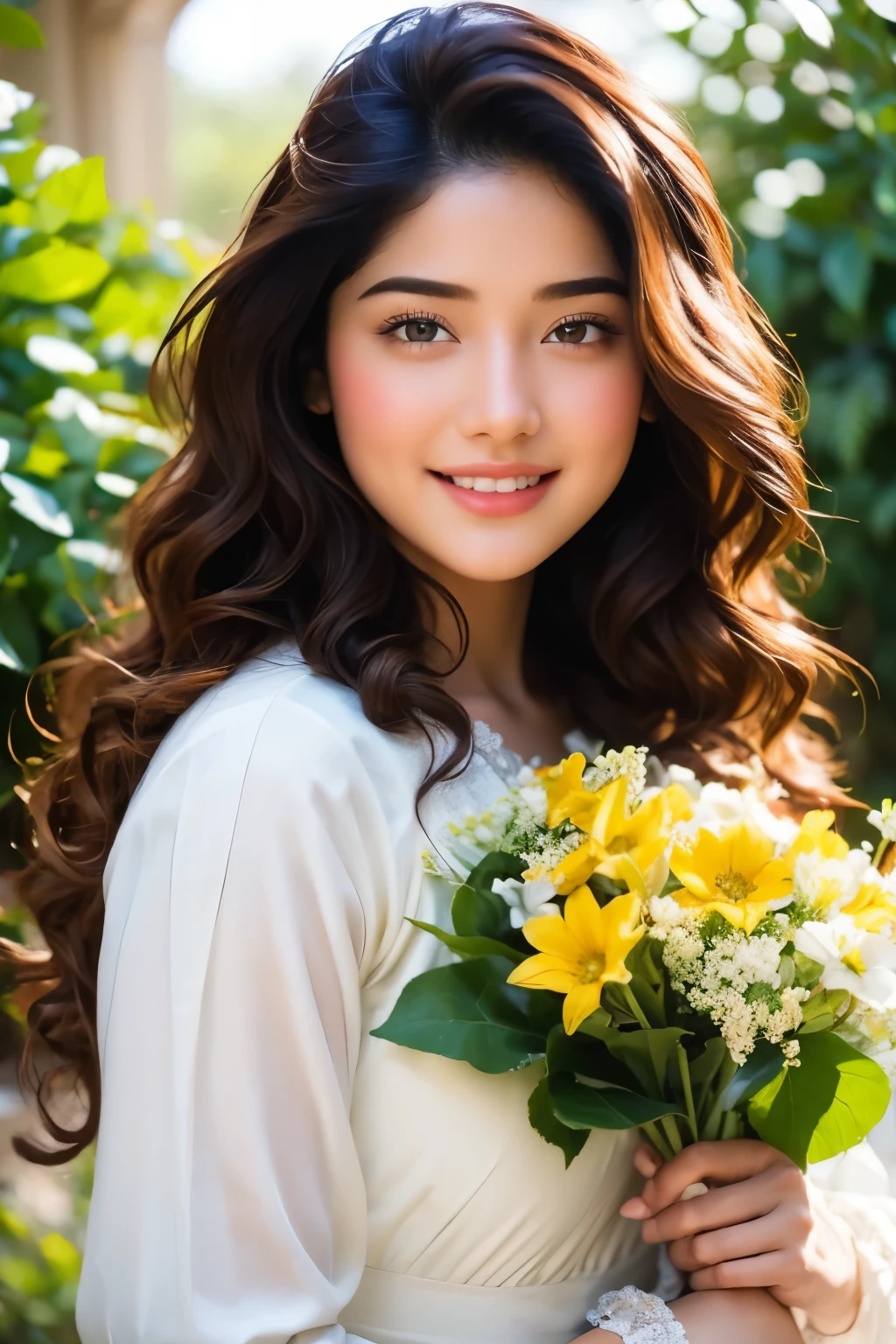 (majestic:1.5), (hyperrealistic:1.5), ultra detailed, ultra resolution, RAW, 16k, 32k, Soft focus captures the stunning Indian girl, 18 years old, with long hair and a radiant smile, surrounded by lush flowers in a picturesque garden. She wears a flowing intricately designed wedding dress, holding a delicate bouquet against a crystal-clear blue sky without a cloud. The cinematic lighting accentuates her features, highlighting the vibrant colors of her attire and the intricate details of her facial expression. The cowboy shot framing emphasizes her beauty, with perfect light illuminating every aspect of this breathtaking scene.,rashmika,1 girl
