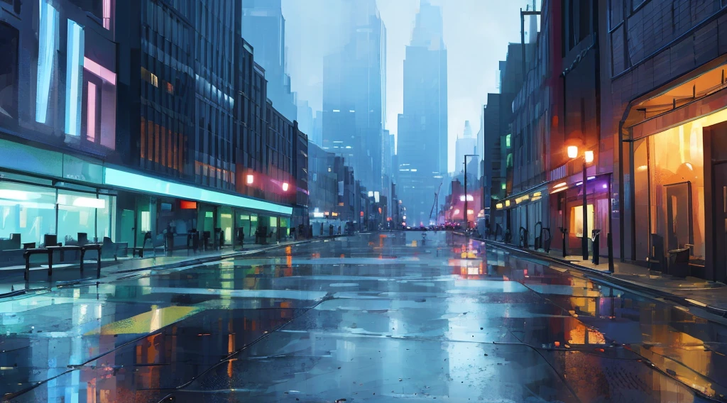 cityscape background. Lots of LED lights, Illuminating the night, Reflection of buildings in puddles on the ground. Movie, 8K, Rich in details