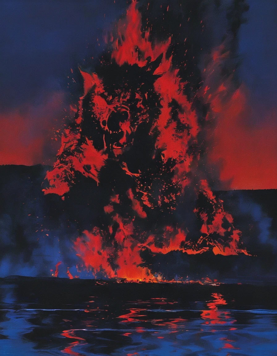 long view of red fire on lake at night, blue background