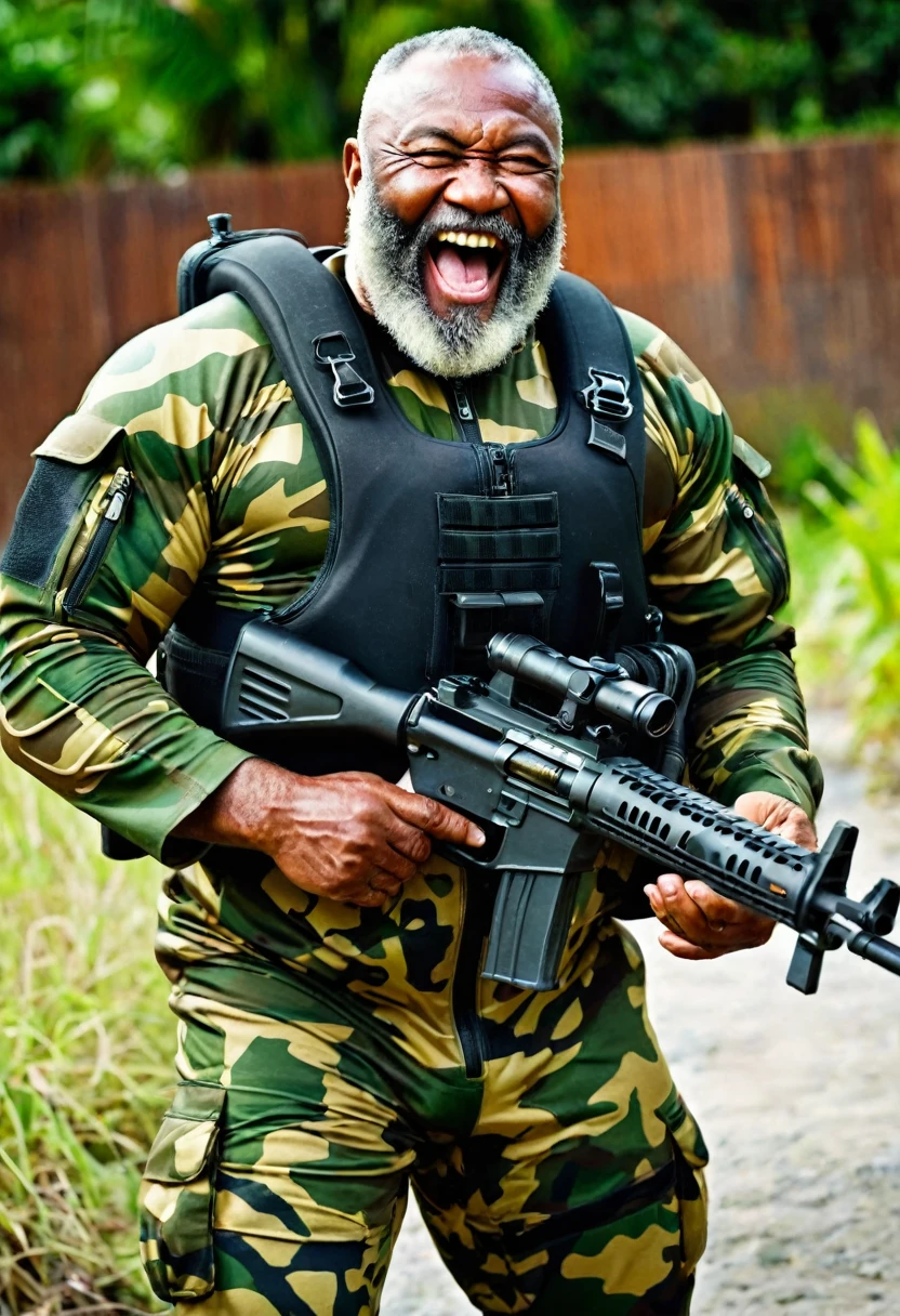 (a dark-skinned bearded fat muscular old man in a bulky army camouflage zipper diver suit) masturbating, carrying a gun, muscular, Bruce Onobrakpeya, sumatraism, stanley artgermm, action, heroic, fierce, laughing