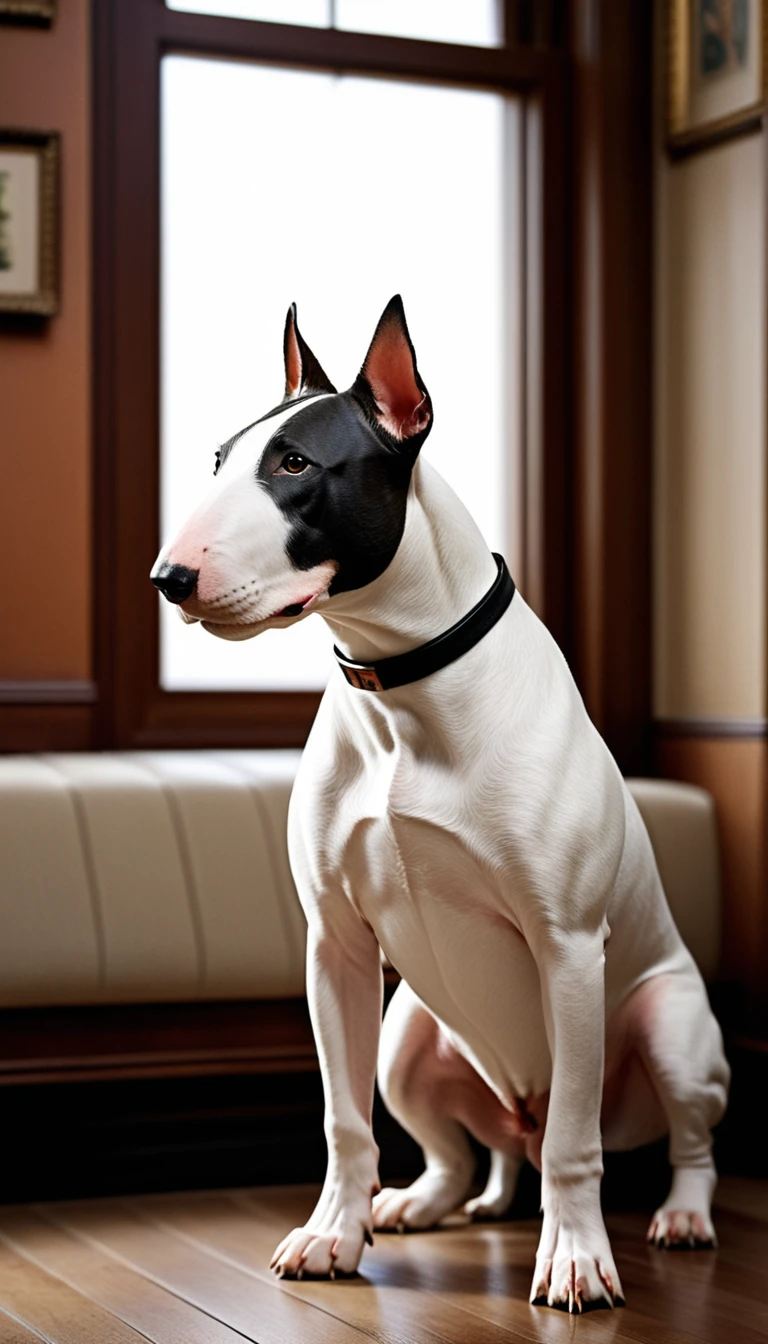 There is no one, realistic photo, photo realism, realism, bull terrier (Bull Terrier), perfect composition, intricate details, Very sharp, masterpiece, profile, high resolution, looking at the viewer, Full body photo in a comfortable atmosphere indoors