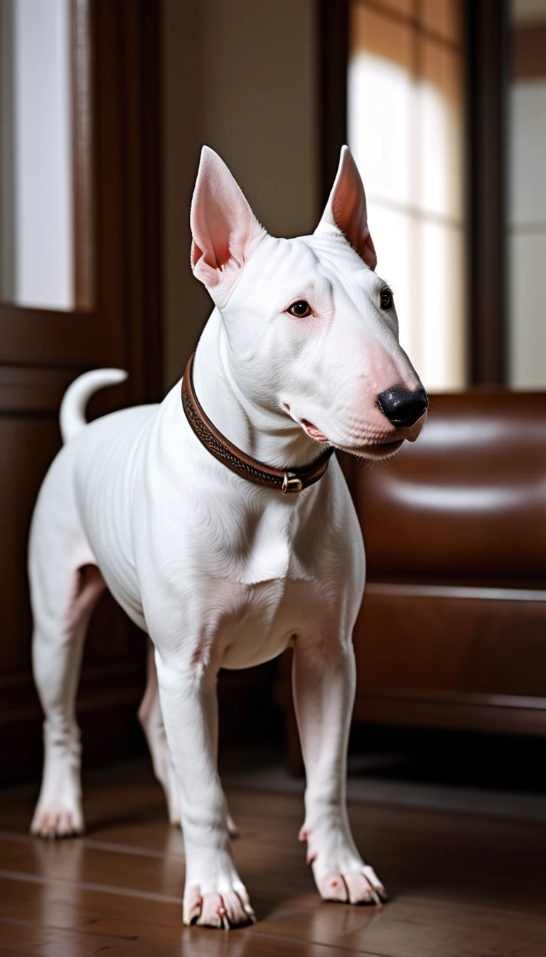 There is no one, realistic photo, photo realism, realism, bull terrier (Bull Terrier), perfect composition, intricate details, Very sharp, masterpiece, profile, high resolution, looking at the viewer, Full body photo in a comfortable atmosphere indoors