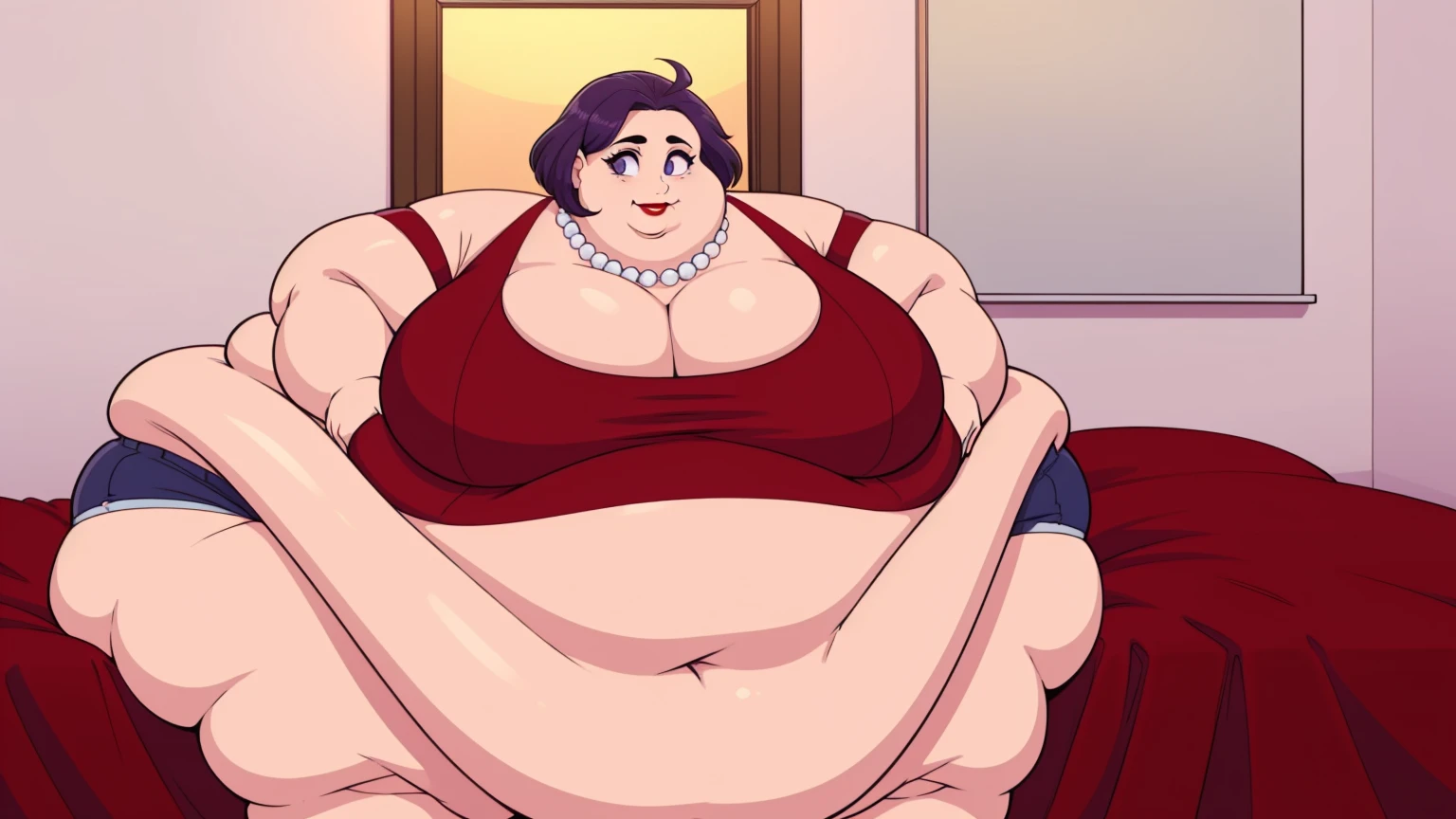 (Obese:1.3)Middle aged, mommy, hands on hips, casual pose, smiling, Full body, bedroom, looking at viewer, Short bob haircut, Windswept Messy Bob purple Hair, eyeliner, (red dress), (red lipstick), (light blue pearl necklace), cleavage, milf, mature, (purple eyes) Round face, double chin, fat chin, fat cheeks, fat neck, round face, SSBBW, flabby arms, round face, double chin, fat double chin, big double chin, fat neck, chubby cheeks, fat thighs, fat calves, morbidly obese, flabby , giant , large belly, obese, fat face, belly, double chin, obesity, flabby breasts, fat arms and legs, fat everything,