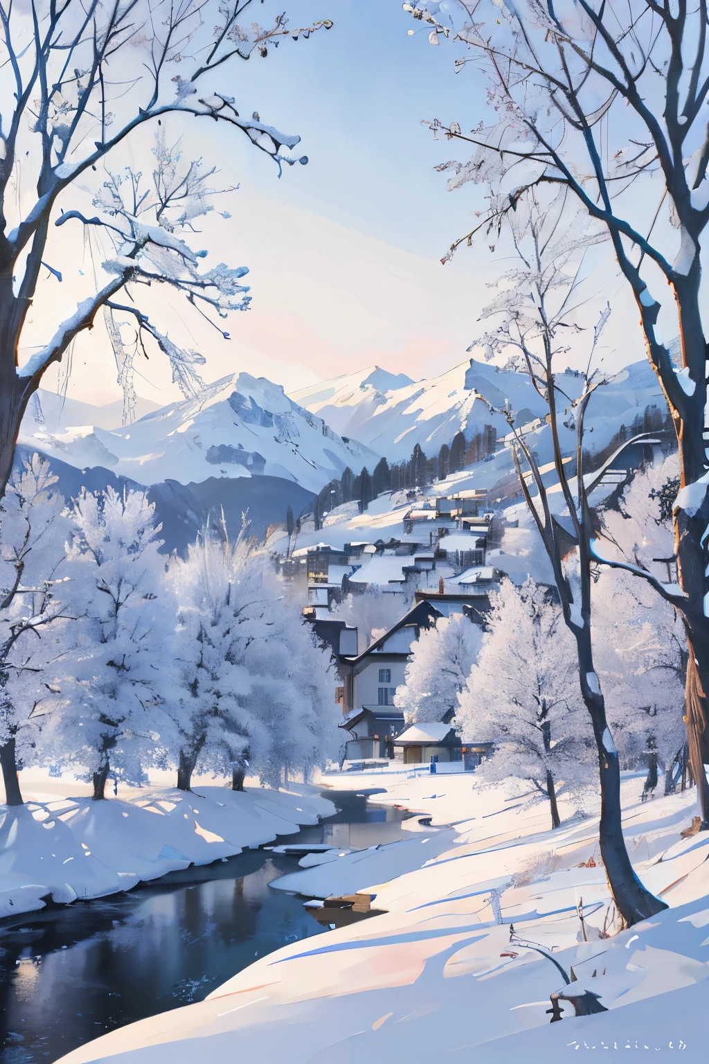Winter Scene -- Masterpiece Quality
A breathtaking tableau of winter's splendor unfolds under the crisp, azure sky, bathed in soft, warm sunlight that filters through the leafless, skeletal branches of the trees. Every detail, from the intricate ice patterns adorning the bare boughs to the tiniest snowflakes, is captured with unparalleled precision, the finest quality at best.
A picturesque village lies nestled in the valley below, its rooftops dotted with fragile, glistening layers of snow, like a quilt woven with purest white threads. Smoke gently curls from the chimneys,