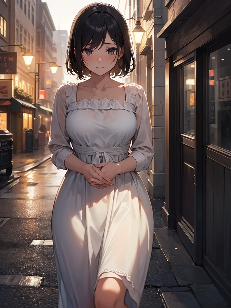 (masterpiece、top-quality、hight resolution), A nighttime scene on a quiet street where the protagonist is saying goodbye to a gentle and elegant married woman they met through a dating site. The woman, with a soft and slightly melancholic smile, waves and says, "Let's meet again, okay?" The streetlights cast a warm glow, highlighting the intimacy of the moment as they part ways.
