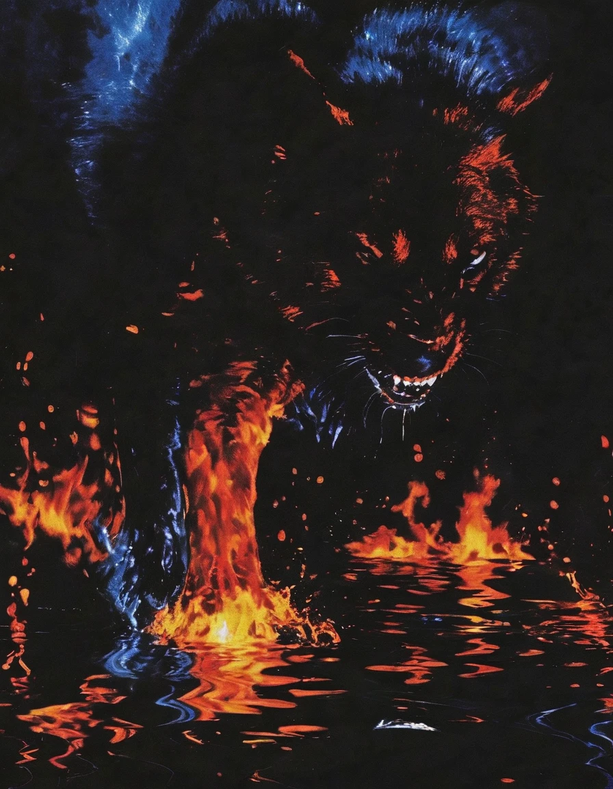 ong view of fire on black water, blue night city background