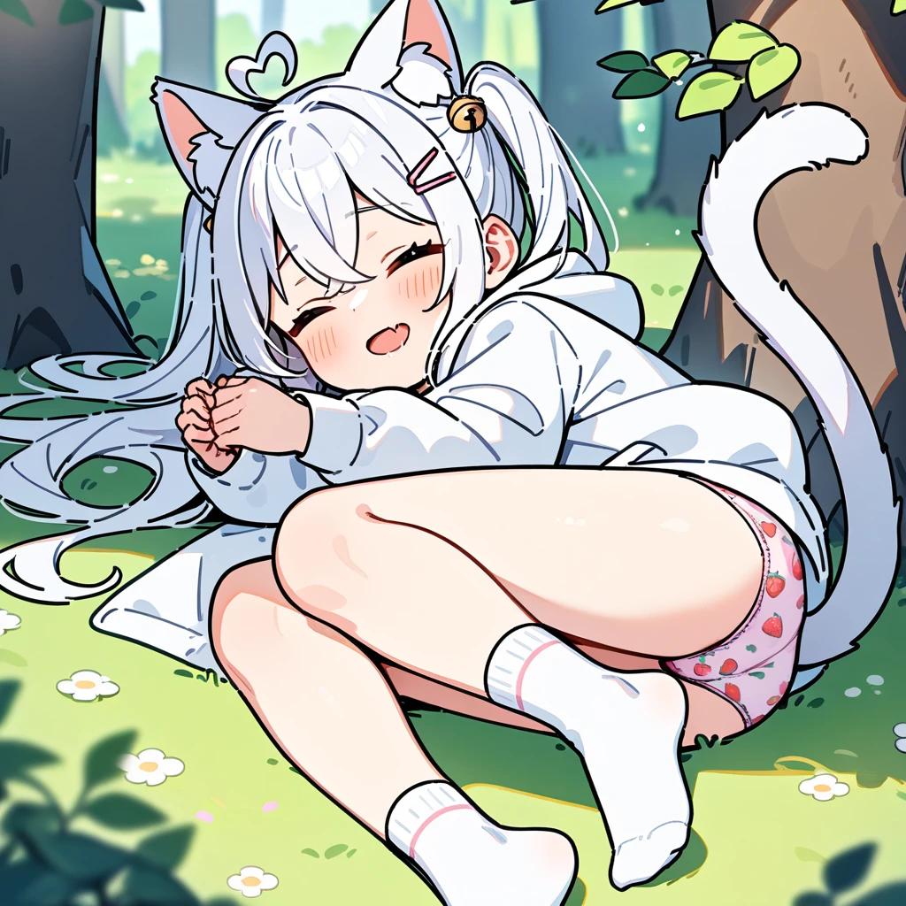 (masterpiece:1.2,high quality),8K,High resolution,A seven-year-old girl,cute girl,white hair,long hair,crossed bangs,hair bell,hairclip,hair two side up,Sleeping,heart ahoge,cat ears,laughing,skin fang,saliva,Wear a white hoodie,no shorts,Strawberry pattern panties,Bows on panties,Lying in the forest,There are flowering trees on both sides,primary school student,thigh,Calf,white socks,cat tail,alone,(Put your hands in your pockets)