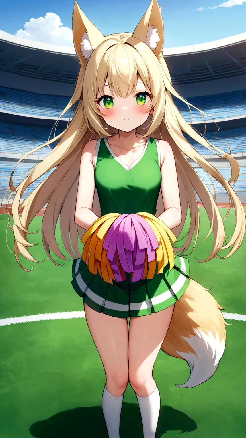 15-year-old beautiful fox beast girl、Rin (Rin) Please draw。She has long straight blonde hair、Has large, clear emerald green eyes。The golden fox ears stand up straight on her head.、It has a bushy golden fox tail.。Slender and supple figure、It has a small and delicate look。She is wearing a cheerleader outfit based on white and green.、The top has a gold line、She is wearing a pleated skirt。She holds emerald green and gold pom-poms in both hands.、ジャンプしている瞬間Please draw。Background under blue sky、On the stadium field、It is a large ground with a view of the spectators' seats.。Ultra-high resolution 4K compatible、The texture of the fur and clothes、Please describe the beauty of the background in detail.。With bright and vivid colors、To bring out her lively and bright charm。
