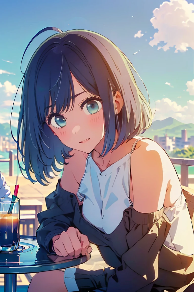 (Highest quality:1.4、masterpiece:1.4、Super detailed:1.4、Ultra-high resolution:1.4、8K:1.4)、F cup bust、Big Breasts、Slim body、((((1 person、Surprised expression、sit、Chair、In the background are the urban buildings of Tokyo、looking at the camera、Outdoor café terrace、coastal、juice、Shooting up close、Shooting from an angle、table、Very cute face))))、(Pose with hands tucked behind ears:1.4、Cheek resting on hand:1.4）、((nude、very beautiful areola、Off-shoulder camisole))、Nipples、Very blue sky、A completely cloudless sky