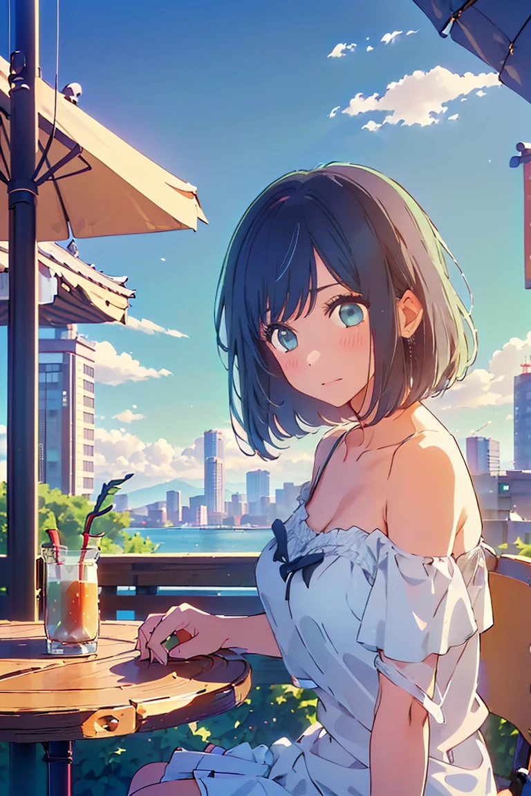 (Highest quality:1.4、masterpiece:1.4、Super detailed:1.4、Ultra-high resolution:1.4、8K:1.4)、F cup bust、Big Breasts、Slim body、((((1 person、Surprised expression、sit、Chair、In the background are the urban buildings of Tokyo、looking at the camera、Outdoor café terrace、coastal、juice、Shooting up close、Shooting from an angle、table、Very cute face))))、(Pose with hands tucked behind ears:1.4、Cheek resting on hand:1.4）、((nude、very beautiful areola、Off-shoulder camisole))、Nipples、Very blue sky、A completely cloudless sky