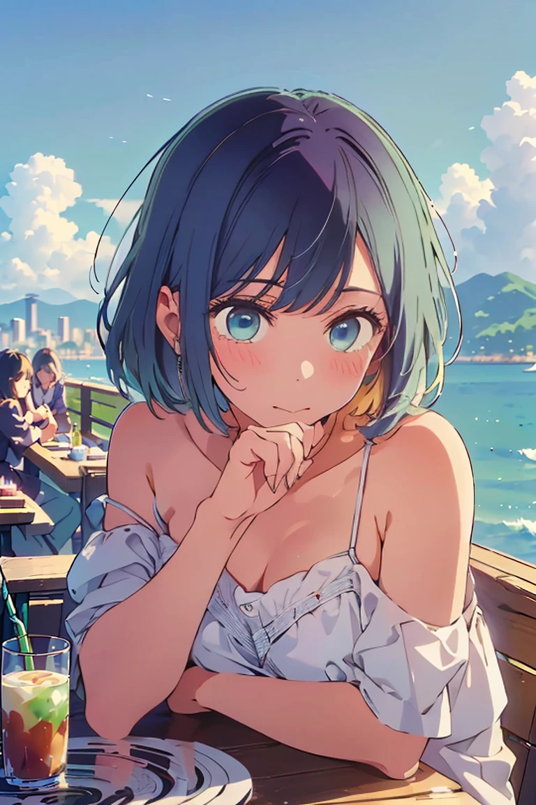 (Highest quality:1.4、masterpiece:1.4、Super detailed:1.4、Ultra-high resolution:1.4、8K:1.4)、F cup bust、Big Breasts、Slim body、((((1 person、Surprised expression、sit、Chair、In the background are the urban buildings of Tokyo、looking at the camera、Outdoor café terrace、coastal、juice、Shooting up close、Shooting from an angle、table、Very cute face))))、(Pose with hands tucked behind ears:1.4、Cheek resting on hand:1.4)、((nude、very beautiful areola、Off-shoulder camisole))、Nipples、Very blue sky、A completely cloudless sky