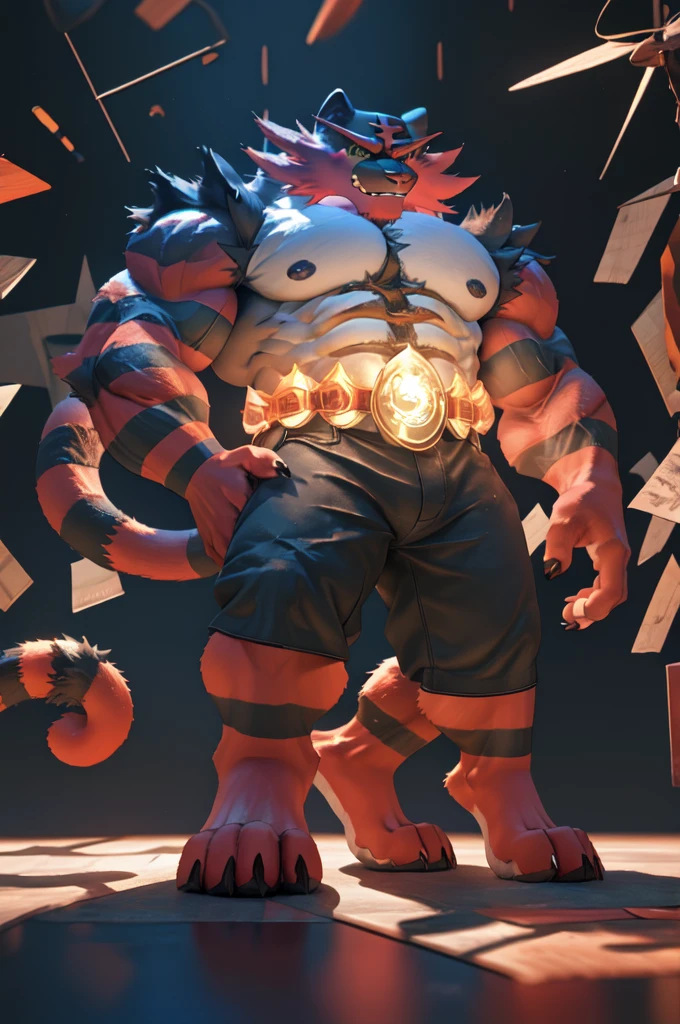 Hyperreal furry 3d art, barefoot incineroar, brawny, beefy, himbo male, lies on bed, focus on feet paws, Realistic, Photorealistic, (masterpiece:1.5), concept art, intricate details, highly detailed, sharped image, photorealistic, octane render, 8k, best quality, highres, (realistic face:1.1), (hyperrealistic:1.1), ((full_body)), perfect eyes, (((perfect hands))),((dynamic background)),  (wide dynamic range, dynamic angles and pose:1.2) correct anatomy