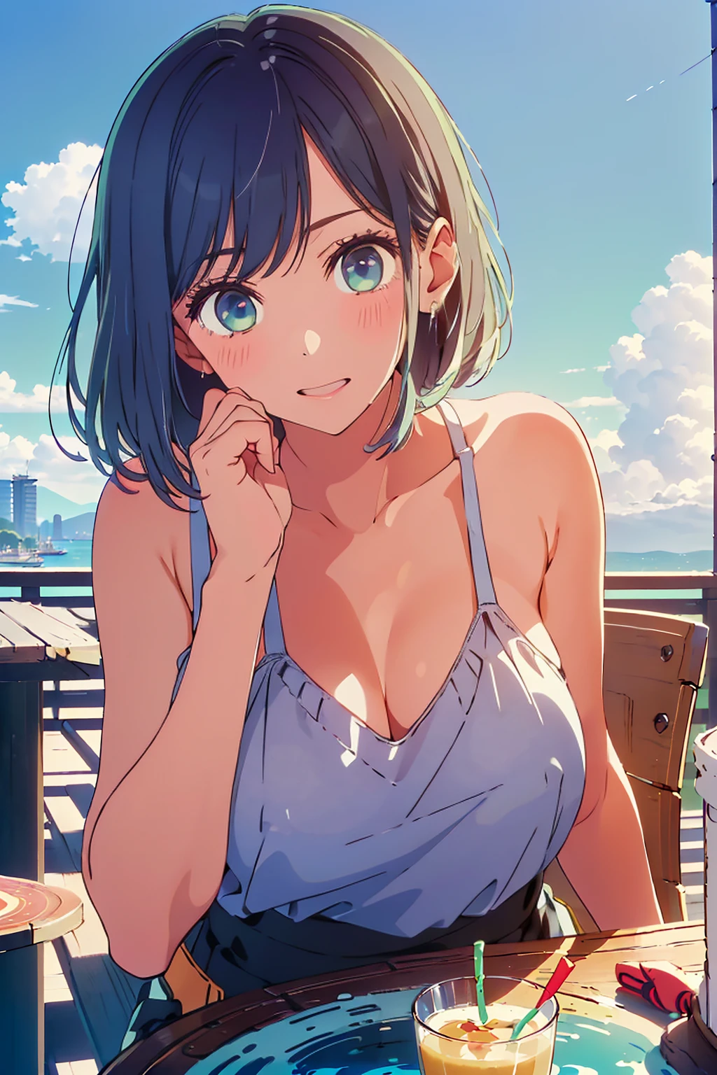 (Highest quality:1.4、masterpiece:1.4、Super detailed:1.4、Ultra-high resolution:1.4、8K:1.4)、F cup bust、Big Breasts、Slim body、((((1 person、Surprised expression、sit、Chair、In the background are the urban buildings of Tokyo、looking at the camera、Outdoor café terrace、coastal、juice、Shooting up close、table、Very cute face))))、(Pose with hands tucked behind ears:1.4、Cheek resting on hand:1.4)、((nude、very beautiful areola))、camisole、Sideboob、Nipples、Very blue sky、A completely cloudless sky