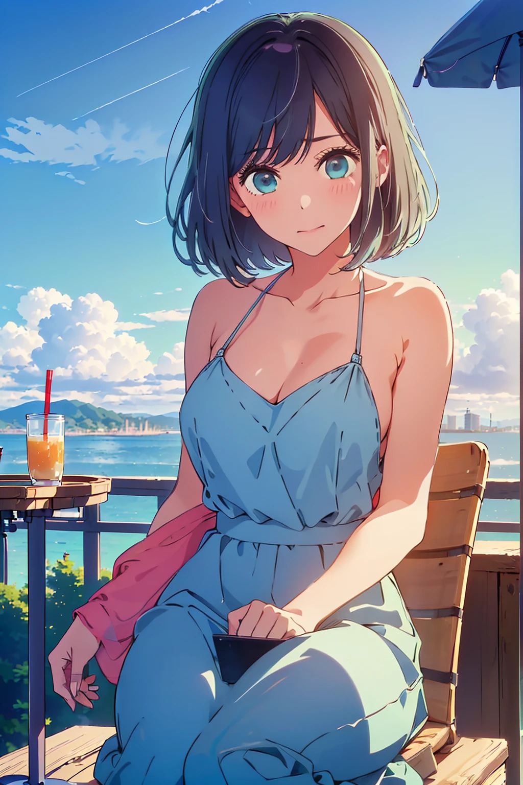 (Highest quality:1.4、masterpiece:1.4、Super detailed:1.4、Ultra-high resolution:1.4、8K:1.4)、F cup bust、Big Breasts、Slim body、((((1 person、Surprised expression、sit、Chair、In the background are the urban buildings of Tokyo、looking at the camera、Outdoor café terrace、coastal、juice、Shooting up close、table、Very cute face))))、(Pose with hands tucked behind ears:1.4、Cheek resting on hand:1.4)、((nude、very beautiful areola))、camisole、Sideboob、Nipples、Very blue sky、A completely cloudless sky