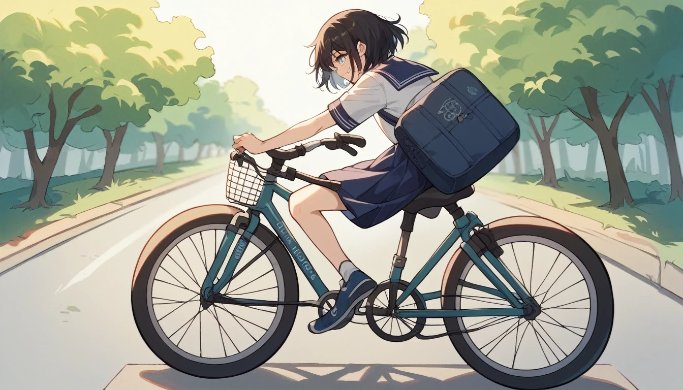 Portrait、512、Medium hair with black hair、high school girl、Tear mole on left eye、White and navy blue sailor suit、Country road in rural landscape、Riding a bicycle、The bag is in the bicycle basket