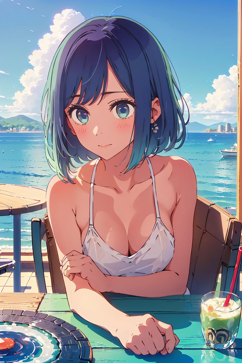 (Highest quality:1.4、masterpiece:1.4、Super detailed:1.4、Ultra-high resolution:1.4、8K:1.4)、F cup bust、Big Breasts、Slim body、((((1 person、Surprised expression、sit、Chair、In the background are the urban buildings of Tokyo、looking at the camera、Outdoor café terrace、coastal、juice、Shooting up close、table、Very cute face))))、(Pose with hands tucked behind ears:1.4、Cheek resting on hand:1.4)、((nude、very beautiful areola))、camisole、Sideboob、Nipples、Very blue sky、A completely cloudless sky