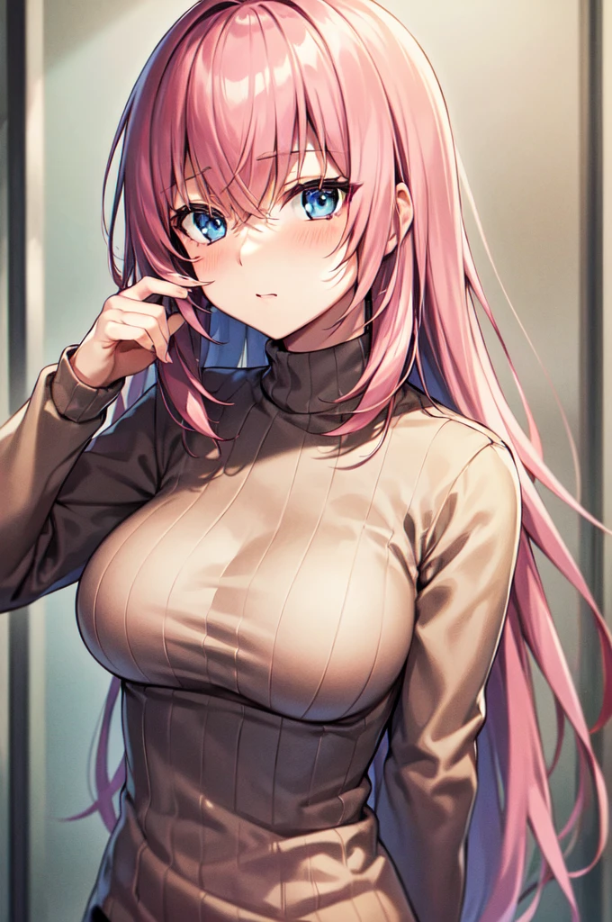 Masterpiece, best quality, highres, upper body, close up, detailed eyes, pink hair, blue eyes, white backround, long hair, blush, turtleneck sweater, beautiful eyes, large breaast