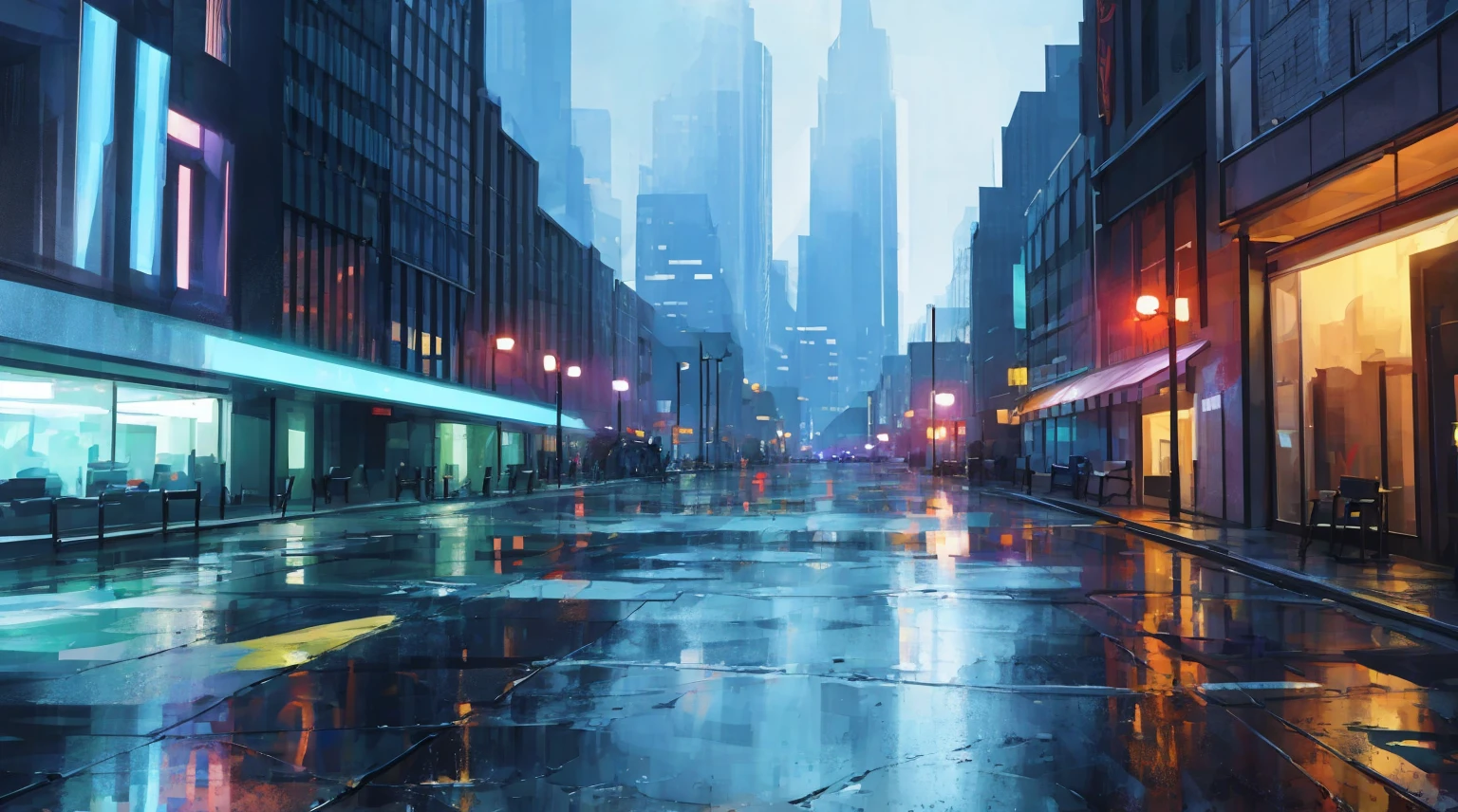cityscape background. Lots of LED lights, Illuminating the night, Reflection of buildings in puddles on the ground. Movie, 8K, Rich in details