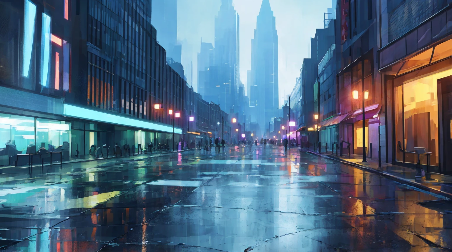cityscape background. Lots of LED lights, Illuminating the night, Reflection of buildings in puddles on the ground. Movie, 8K, Rich in details