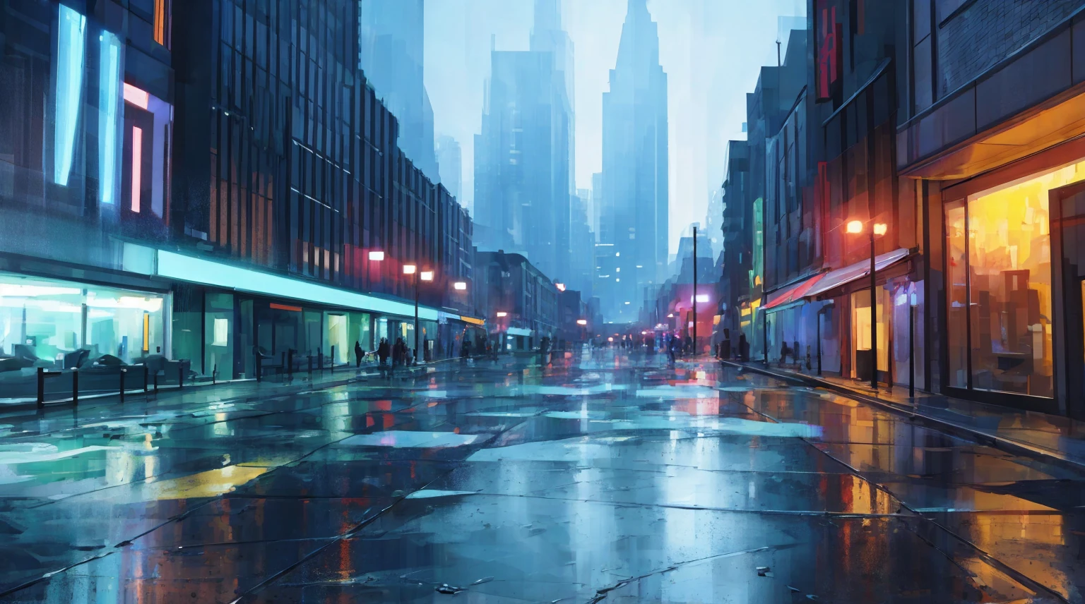 cityscape background. Lots of LED lights, Illuminating the night, Reflection of buildings in puddles on the ground. Movie, 8K, Rich in details