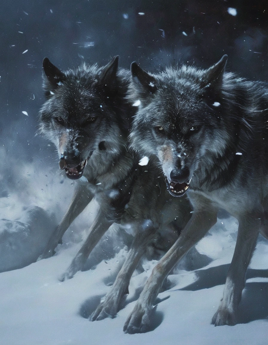 winter, crashing together wolves at night