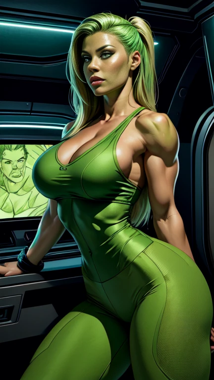 masterpiece,The image is very clear,(((Perfect Woman))),(((one person))),Sci-Fi Lab, Beautiful and delicate face,Female Hulk,Green Skin, Muscular body, High-tech scene, Very tiht gym hot pants mid-distance shot, #1: Long Green Wavy Bun, Excellent feeling,Large Breasts,cleveage,rich and colorful,Very detailed body, Perfect eyes, Perfect hands, Sexy expressions, full-body shot, Wet body,Green Bikini,(((Bodybuilder:1.5)))