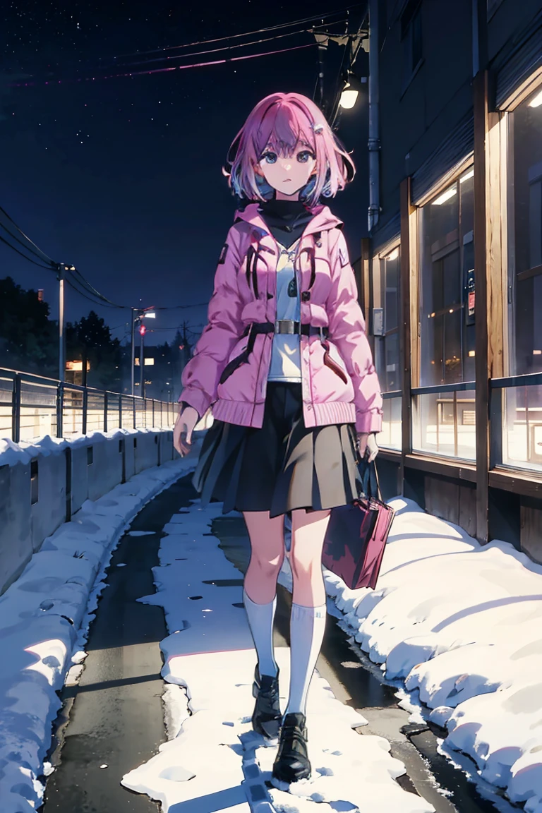 Anime girl with medium pink hair and purple eyes standing in the snow, anime moe art style, style of anime4 K, Anime art wallpaper 8 K, Anime art wallpaper 4 K, Anime art wallpaper 4k, Anime wallpaper 4K, Anime wallpaper 4 k, Detailed digital anime art, 4K anime wallpaper, 4k manga wallpapers, clean and meticulous anime art, a beautiful anime portra