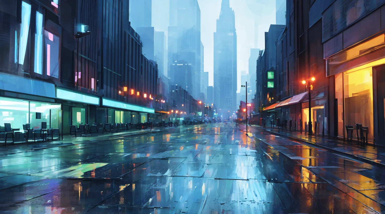 cityscape background. Lots of LED lights, Illuminating the night, Reflection of buildings in puddles on the ground. Movie, 8K, Rich in details