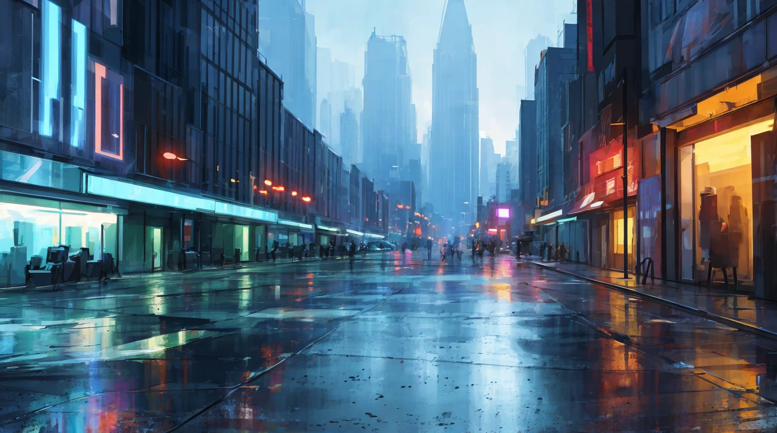 cityscape background. Lots of LED lights, Illuminating the night, Reflection of buildings in puddles on the ground. Movie, 8K, Rich in details