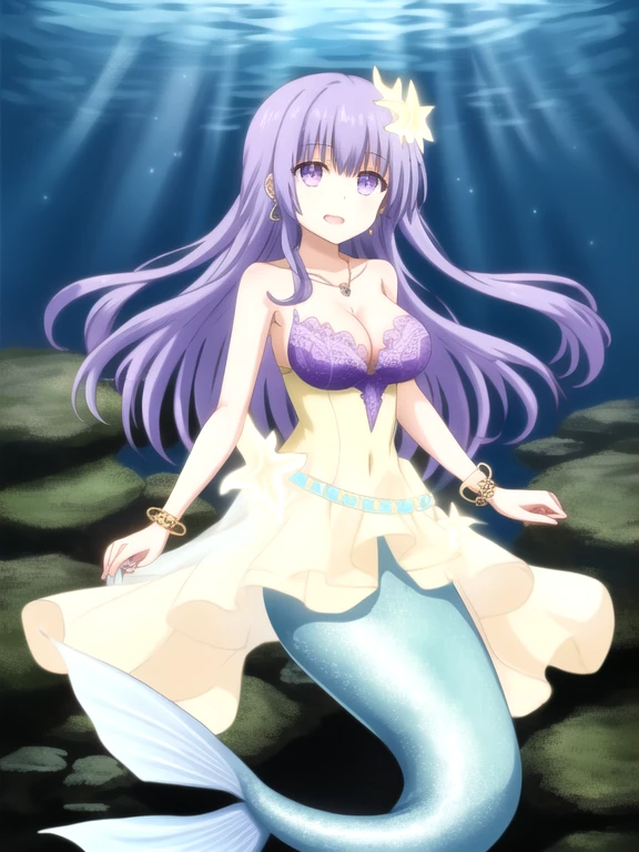 Miku Izayoi | Date A Live, mermaid, long hair, light purple hair, purple eyes, cleavage, bra, underwater, sea, looking at viewer, happy, smooth，Wear evening gown，alice bluedress, ((glow dress:1.5))sequin evening dress，dress dress，silk scarf，lace dress（Premium lace details：1.1）alice blue，High heel，livestock，Wear jewelry，ear nipple ring，necklace，bracele,