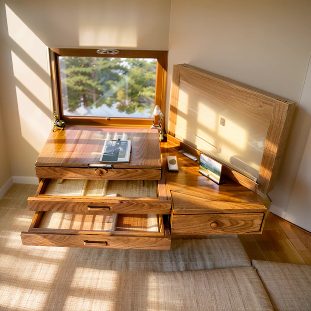 In this cozy room，A ray of sunlight shone through the half-drawn curtains on the table，Let the wood grain on the watch storage box shine with a faint luster。There was a calm and peaceful atmosphere in the air around them。There are several still lifes hanging on the walls of the room，It adds a touch of elegance to the space。And on the other side of the room，The half-open window lets in the breeze，The pages on the small desk by the window turned in the wind，This quiet scene gives a sense of tranquility and comfort。


