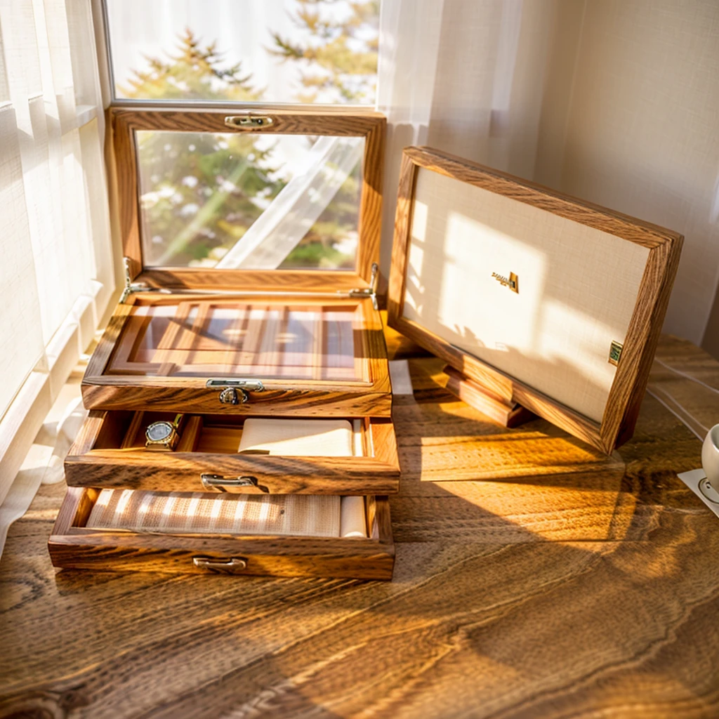 In this cozy room，A ray of sunlight shone through the half-drawn curtains on the table，Let the wood grain on the watch storage box shine with a faint luster。There was a calm and peaceful atmosphere in the air around them。There are several still lifes hanging on the walls of the room，It adds a touch of elegance to the space。And on the other side of the room，The half-open window lets in the breeze，The pages on the small desk by the window turned in the wind，This quiet scene gives a sense of tranquility and comfort。


