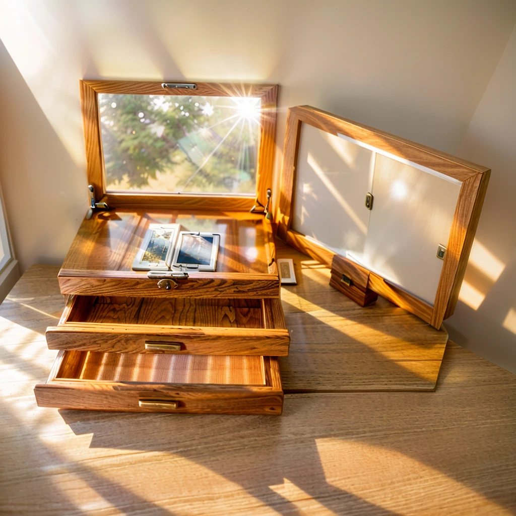 In this cozy room，A ray of sunlight shone through the half-drawn curtains on the table，Let the wood grain on the watch storage box shine with a faint luster。There was a calm and peaceful atmosphere in the air around them。There are several still lifes hanging on the walls of the room，It adds a touch of elegance to the space。And on the other side of the room，The half-open window lets in the breeze，The pages on the small desk by the window turned in the wind，This quiet scene gives a sense of tranquility and comfort。


