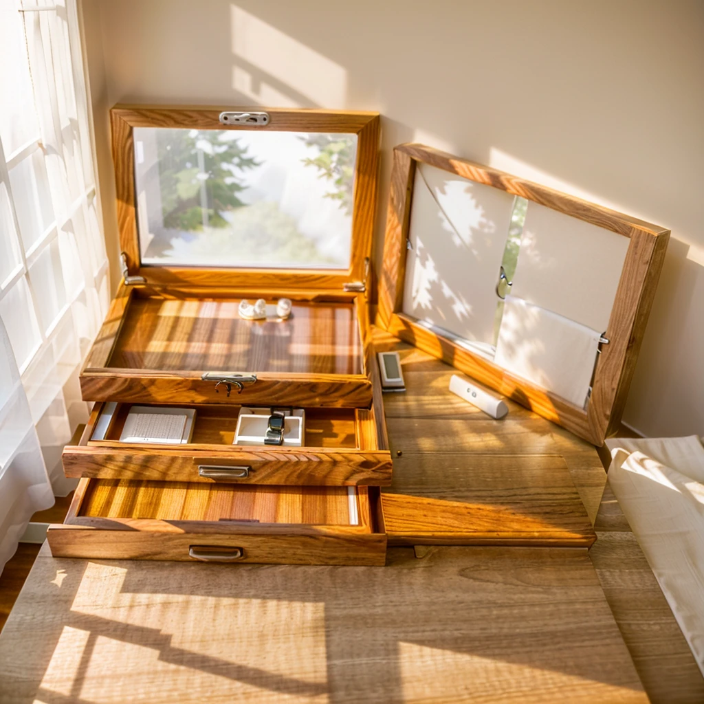 In this cozy room,A ray of sunlight shone through the half-drawn curtains on the table,Let the wood grain on the watch storage box shine with a faint luster。There was a calm and peaceful atmosphere in the air around them。There are several still lifes hanging on the walls of the room,It adds a touch of elegance to the space。And on the other side of the room,The half-open window lets in the breeze,The pages on the small desk by the window turned in the wind,This quiet scene gives a sense of tranquility and comfort。
