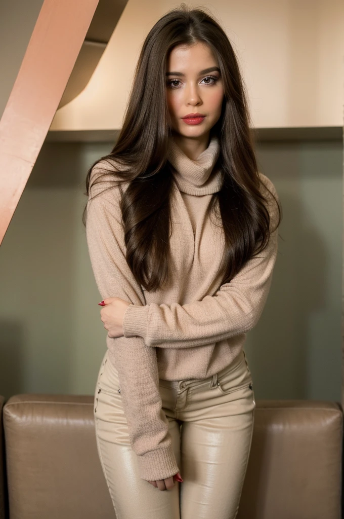 Photorealistic, best quality, hyper detailed, full-body picture. Gorgeous, pretty, warm-hearted, kind-hearted, good-hearted, stunning, cheerful, sweet, polite, sensitive, sensible, shiny, charming, alluring, dreamy, graceful, classy, stylish, flowing quite long brown haired armenian woman with the cutest face, skin, soft make-up, red lipstick, she is wearing a leather jacket, skinny trousers, a beige sweater, riding boots, and a pink scarf.
